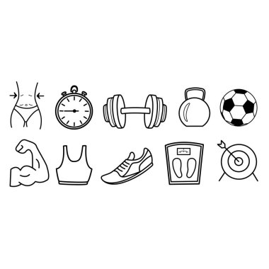 Spor Simgeleri Ayarlandı. Kettlebell 'in vektör simgeleri, pazılı kol, ince bel silueti, futbol topu, spor pulları, su bardağı, dambıl, kronometre, spor ayakkabıları, dart, ve fitness top..