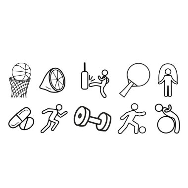 Spor Simgeleri Ayarlandı. Beyzbol Topunun Vektör Simgeleri, Futbolcu, Dumbbell, Haplar, Boksör, Ping Pong Raketi, İp Adam, Koşan Adam, Limon