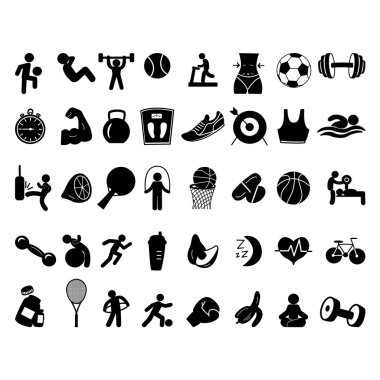 40 Black Sports Icons seti. Web Tasarımı için Spor Vektörü. Fitness Logosu