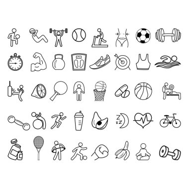 40 spor ikonu seti. Spor ve Spor İkonlarının Vektör İllüstrasyonu. Sağlıklı yaşam tarzı