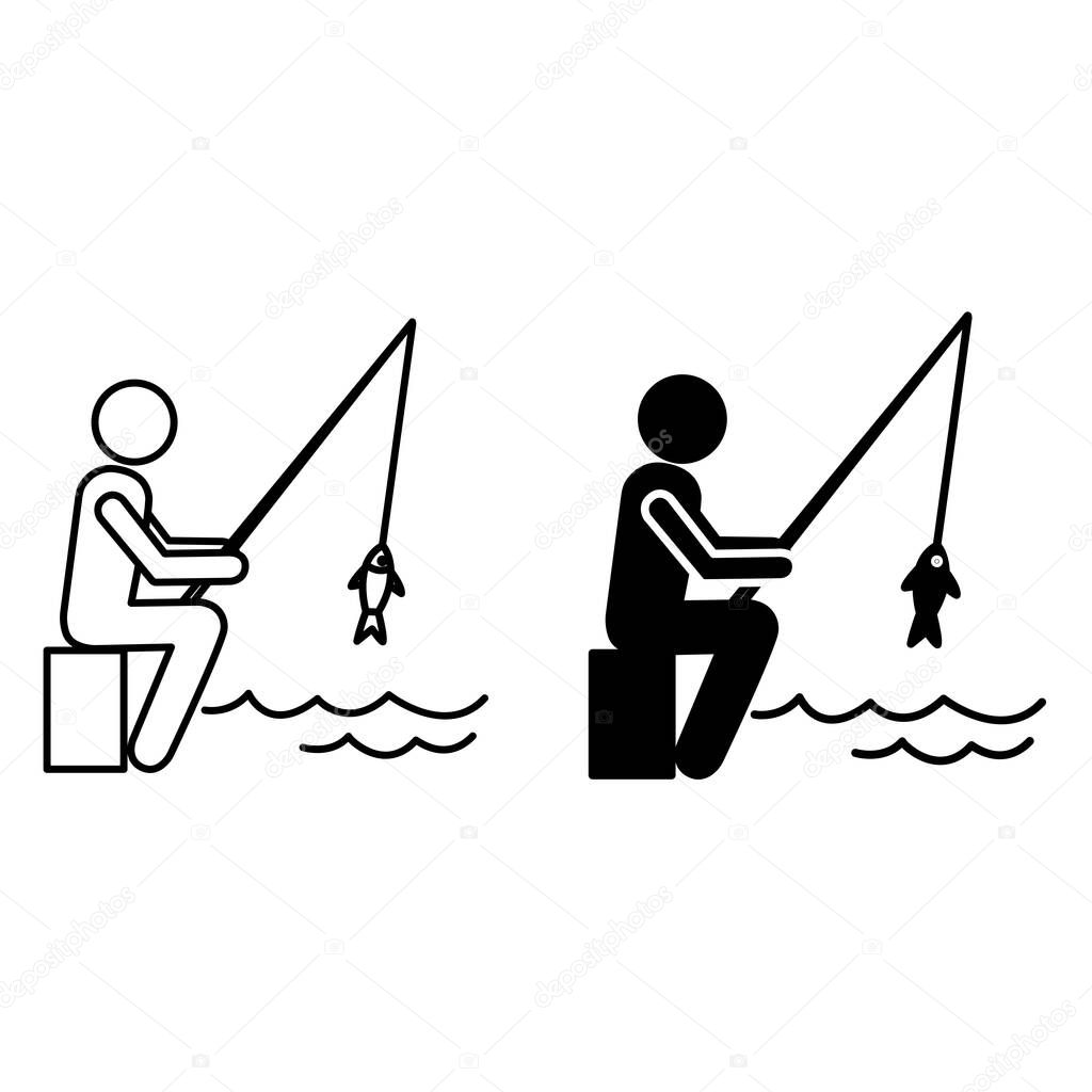 Fisherman icons. Vector Black and White Icons Fisherman Catches Fish