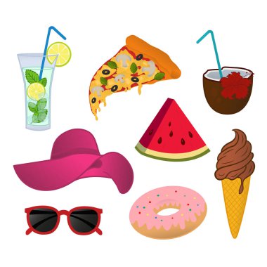 Karikatür Yaz Elementleri. Canlandırıcı İçecekler, Dondurma, Pizza, Karpuz, Donut, Plaj Şapkası ve Güneş Gözlüğü