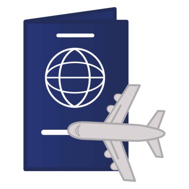 Mavi Pasaport ve Uçan Uçak. Vektör Illustration Turizm ve Eğlence. Uluslararası Seyahat Kimliği Belgesi