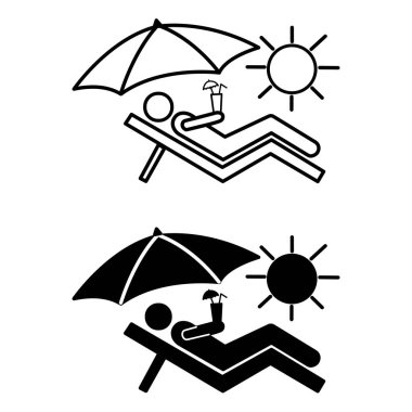 Sahilde Dinlenen Bir Kişinin Simgeleri. Yaz Şemsiyesi Altında Güneşlenen Adam 'ın Siyah ve Beyaz Simgeleri ve Kokteyli. Sembol, Logo İllüstrasyonu