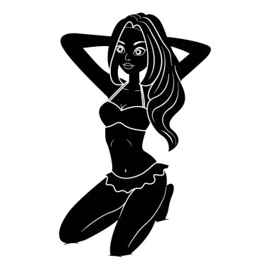 Siyah ikonlu mayo giyen kız. Vector Illustration Genç Kadın Sahilde güneşleniyor