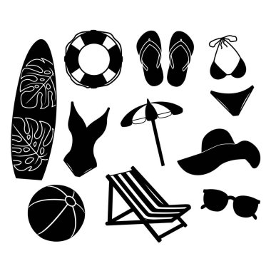 Set Black Icons Summer Vacation Accessories. Vector Illustration of Swimwear, Hat, Sunglasses, Flip Flops, Beach Umbrella, Deck Chair, Lifebuoy, Surfboard, Inflatable Ball clipart