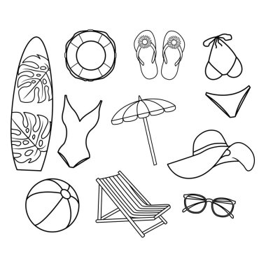 Simgeler Yaz Aksesuarlarını Ayarla Mayo, Şapka, Güneş gözlüğü, Flip Flops, Plaj Şemsiyesi, Güverte Sandalyesi, Lifebuoy, Sörf tahtası, Şişme Top