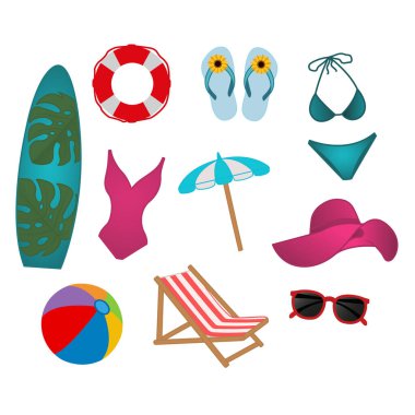 Bir dizi yaz tatili aksesuarı. Mayo, Şapka, Güneş gözlüğü, Flip Flops, Plaj Şemsiyesi, Güverte Sandalyesi, Lifebuoy, Sörf tahtası, Şişme Top