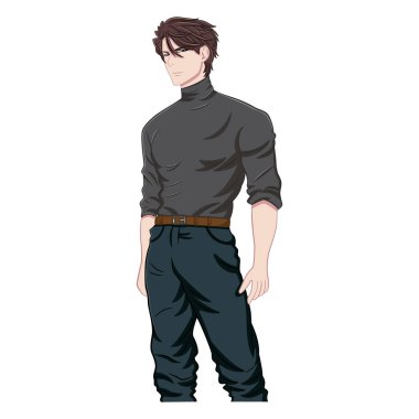 Yakışıklı Genç Anime Adam. Manga Biçiminde Vektör İllüstrasyonu