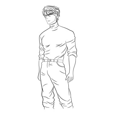 Renklendirme için Yakışıklı Genç Anime Adam. Manga Biçiminde Vektör İllüstrasyonu.