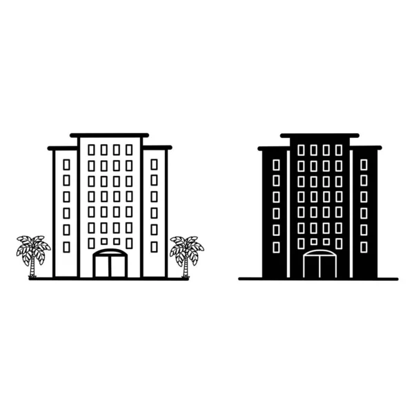 黑色和白色旅游酒店图标 带有棕榈树的宾馆大楼的病媒图解 — 图库矢量图片