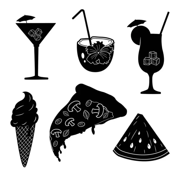 Summer Food and Drink Black Icons Set. Vector Illustration of Refreshing Cocktails, Coconut Drink, Ice Cream, Pizza and Watermelon