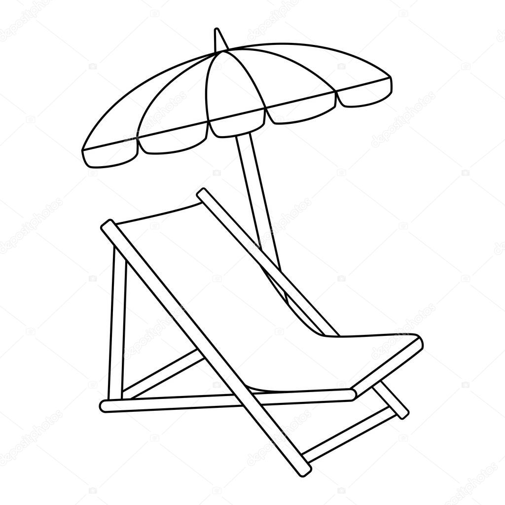 Deckchair under a Beach Umbrella for Coloring. Vacation and Travel concept. Vector illustration