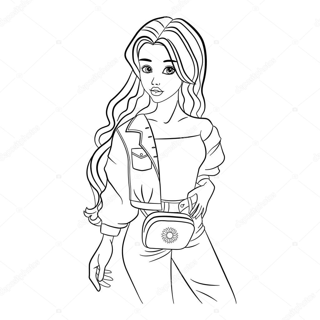 Beautiful Girl Model for Coloring. Vector Illustration of a Stylish Woman. Fashion model Posing. Urban casual style
