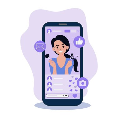 Web Tasarımı için Kadın Güzellik Blogcusu. Düz Vektör İllüstrasyonu. Mobil Telefondan Makyaj Videosu