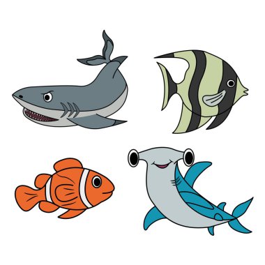 Çizgi film seti Şirin Balıklar. Peri Balığı, Köpekbalığı, Çekiç Kafa Balığı, Deniz İdolü Balığı Vektör İllüstrasyonu