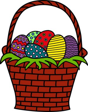 Yumurtalı Paskalya Sepeti. Sepetteki Çekilmiş Paskalya Yumurtalarının Vektör İllüstrasyonu