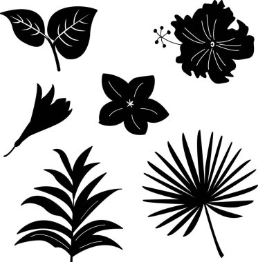 Tropik vektör çiçekleri ve yapraklar dolduruldu. Egzotik bitkiler. El yapımı tropikal bitkilerin güzel bir tasviri