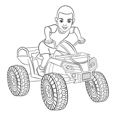 Çizgi film çocuğu ATV 'de Boyama Sayfası için. Şirin Karakterin Vektör İllüstrasyonu