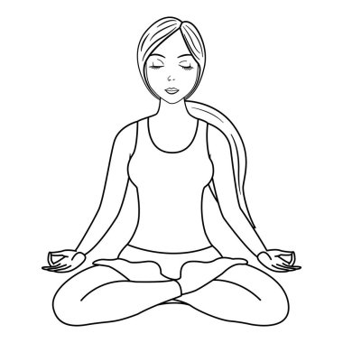 Boyama kitabı için yoga egzersizi yapan genç bir kadın. Lotus pozisyonunda meditasyon yapan bir kızın vektör illüstrasyonu. Sağlıklı yaşam tarzı