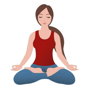 Yoga yapan genç bir kadın. Lotus pozisyonunda meditasyon yapan bir kızın vektör illüstrasyonu. Sağlıklı yaşam tarzı