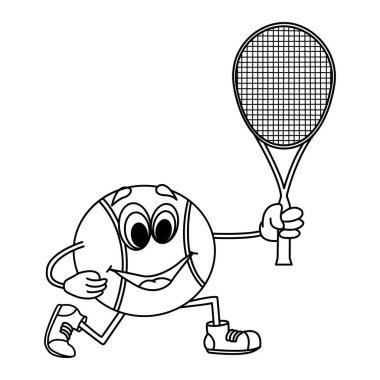 Renklendirme Sayfası için çizgi film tenis topu. Vektör Illustration Tenis Topu Raketi