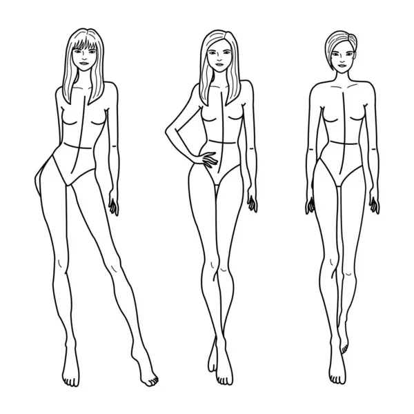 Saçlı Slim Poz Modelleri skeci. Güzel Moda Kadınlarının Vektör İllüstrasyonu. Moda Figürleri Kızlar Şablonu
