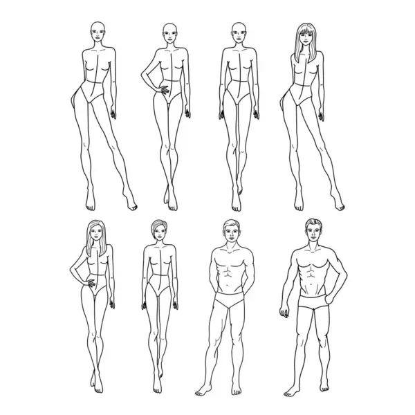 Sekiz İnce Kadın ve Erkek Modellerinin Şablonu. Vector Illustration Poz Güzel Modeller. Çizim Moda Figürleri