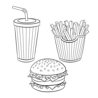 Renkli sayfalar için Fast Food Set. Hamburger, patates kızartması ve bir bardak meşrubat. Lezzetli Yiyeceklerin Vektör İllüstrasyonu. Cafe ya da Restoran Menüsü Tasarımı