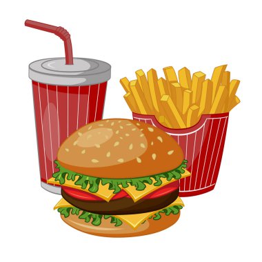 Hamburgerli Fast Food Set, patates kızartması ve bir bardak meşrubat. Lezzetli Yiyeceklerin Vektör İllüstrasyonu. Cafe ya da Restoran Menüsü Tasarımı.