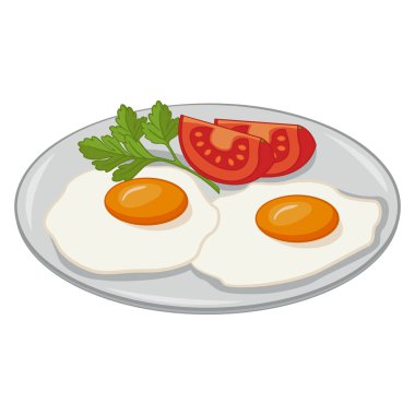 Bir tabakta çırpılmış yumurta, domates ve maydanoz. Lezzetli Sağlıklı Kahvaltı. Lezzetli ve Besleyici Sabah Yemeğinin Vektör İllüstrasyonu. Cafe veya Restoran Menüsü Tasarımı için Vektör Resimleri