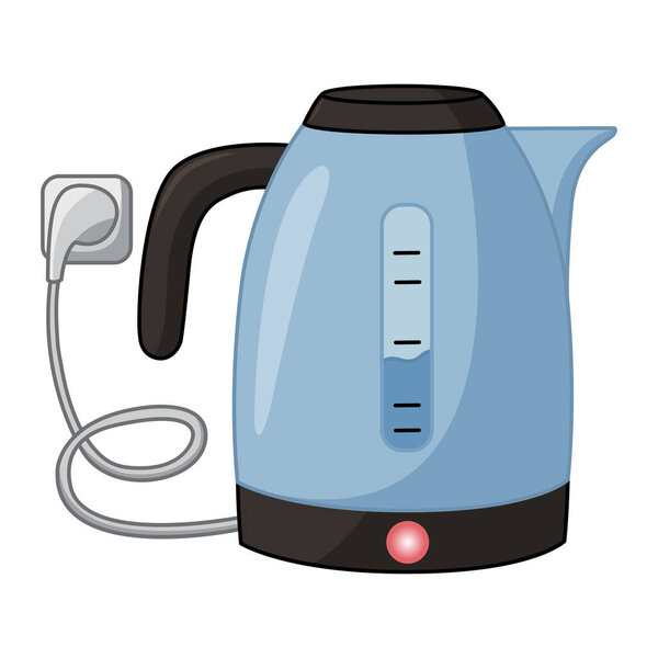 Blue Electric Kettle Plugged In. Vector Illustration of a Kettle for the Kitchen