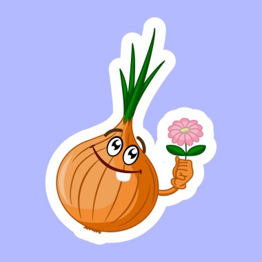 Şirin Soğan Çiçek Veriyor. Çıkartma Tasarımı. Komik Çizgi Film Karakterinin Vektör İllüstrasyonu