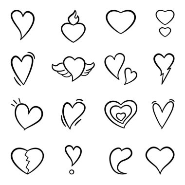 Renkli sayfalar için Hearts seti. Aşkın sembolü. 16 Kupa Koleksiyonu. Sevgililer Günü için Kupa İllüstrasyonu
