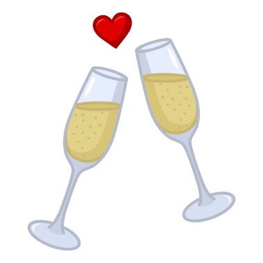 İki kadeh şampanya ve bir Red Heart. Aşkın sembolü. Sevgililer Günü için Vektör İllüstrasyonu