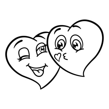 Renklendirme Sayfası İçin İki Kalpli Karikatür. Kalp Öpücüğü. Mutlu bir çift. Sevgililer Günü için Komik Karakterlerin Vektör İllüstrasyonu