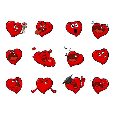 Komik Karikatür Kalpleri seti. Duyguların Yüzleri. Sevgililer Günü için 12 Vektör Karakteri Çizimi