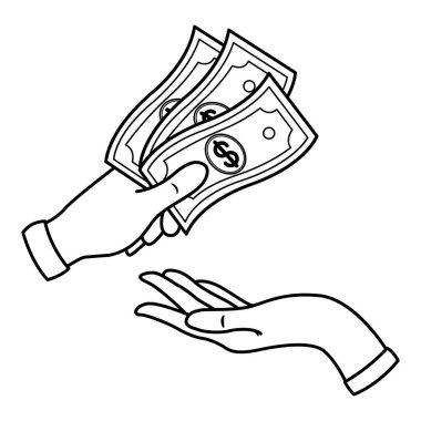 İnsan eli boyama için başka bir ele para veriyor. Ödeme, Fon veya Bağış konsepti. Ödeme ve iade. İş ve Finans