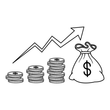 Renklendirme Sayfası İçin Dolarlık Para Yığını. Finansal Büyüme Başarıya Gidiyor. Büyüyen Gelir Konsepti. Grafik Çizelgesini genişletiyorum. Vektör illüstrasyonu