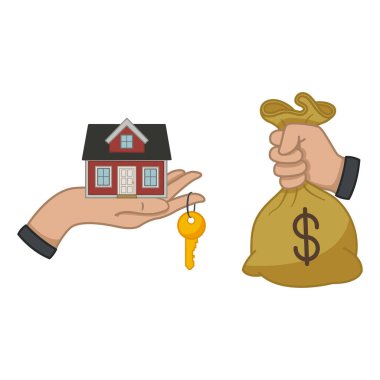 Ev Alım Konsepti. Tek El Ev 'i ve Anahtarı tutar ve İkinci El Para Çantası' nı tutar. Emlak tarafından korunan kredi. Ev satıyorum. Vektör illüstrasyonu