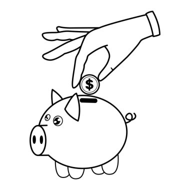 Piggy Bank 'ın boyama kitabına madeni para atar. Kişisel veya Aile Tasarruf, Ekonomi, Gelir, Finans, Yatırım kavramı. Vektör illüstrasyonu