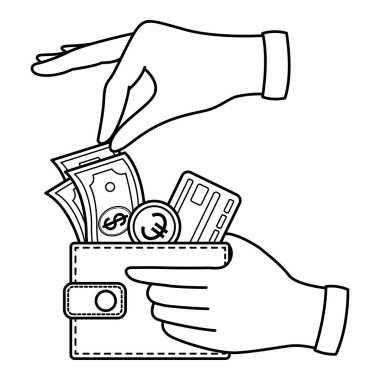 Boyama Kitapları için Cüzdan 'dan satın almalar için ödeme. İçinde dolar banknotları, altın para ve mavi kredi kartı olan bir cüzdanın vektör çizimi. İş ve Finans