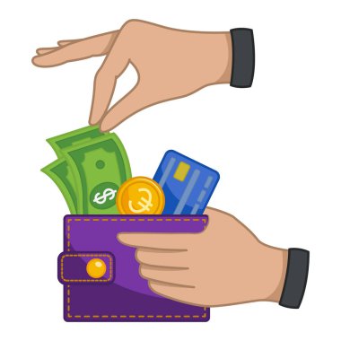 Cüzdandan satın almalar için ödeme. İçinde dolar banknotları, altın para ve mavi kredi kartı olan bir cüzdanın vektör çizimi. İş ve Finans