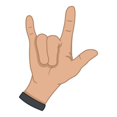 Rock müzik hayranlarının sembolü. El hareketleriyle. Parmaklar ve Kaldırılmış El 'den yapılmış boynuzlar. Vektör illüstrasyonu