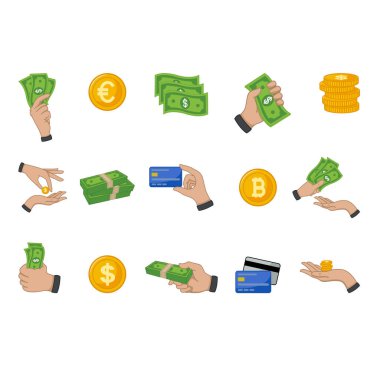 Vektör Para Ayarlandı. İş ve Finans. Nakit, Bozuk Para ve Kredi Kartlarının Vektör İllüstrasyonu