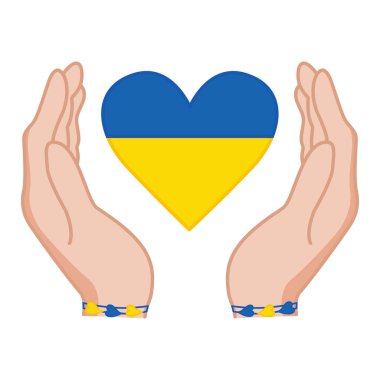 Ukrayna Bayrağının El Tutuşan Kalp Renkleri. Ukrayna 'ya destek. Gönüllü olma konsepti. Vektör illüstrasyonu