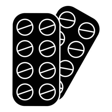 Kabarcıktaki yuvarlak tabletlerin siyah simgesi. Tıbbi hazırlıklar. Vektör illüstrasyonu