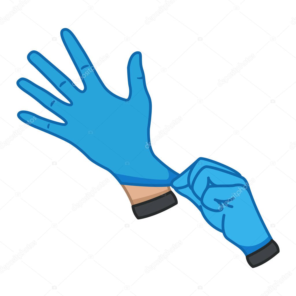 Hands in Sterile Medical Gloves. Blue Protective Rubber or Latex Doctors Hand Clothing, Disposable Antibacterial Virus Protection Gloves. Vector illustration