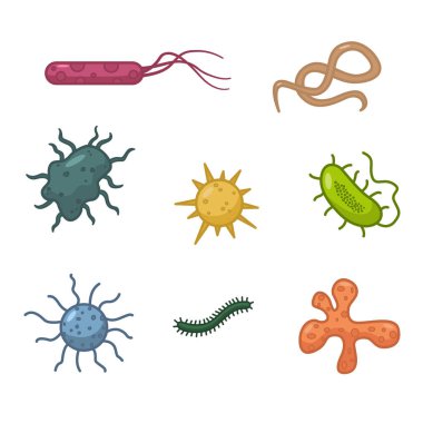 Bakteri ve mikrop seti. Çeşitli Hastalıklara sebep olan Virüslerin Vektör İllüstrasyonu. Tıp konsepti