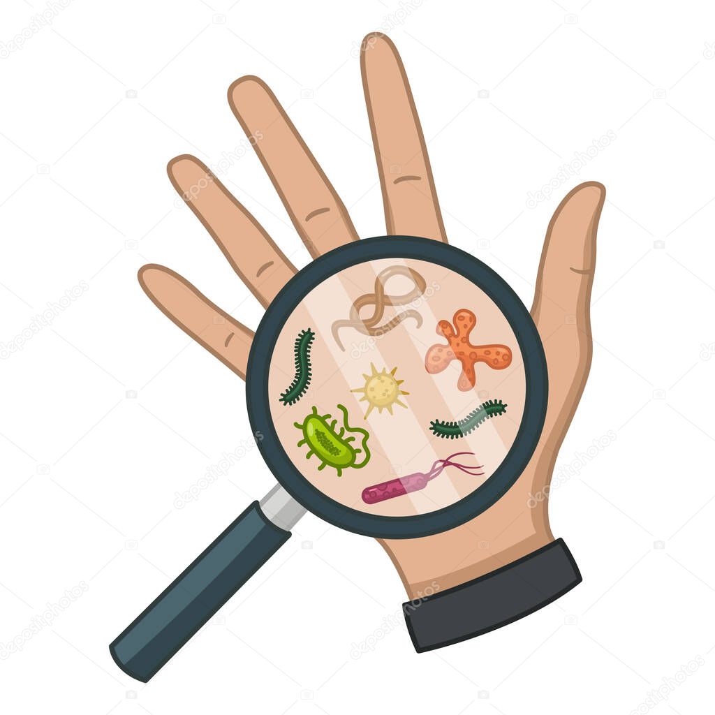 Bacteria and Germs on the Hand. Viruses Causing Various Diseases. Hand Hygiene Campaign. Vector illustration